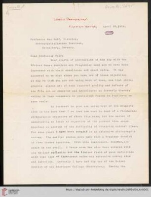 Briefe von Percival Lowell an Max Wolf: Brief von Percival Lowell von Lowell Observatory (Flagstaff, Ariz.) an Max Wolf