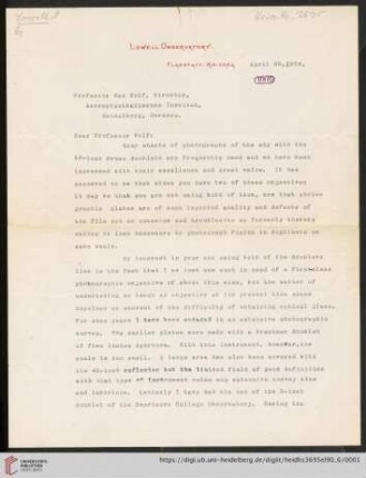Briefe von Percival Lowell an Max Wolf: Brief von Percival Lowell von Lowell Observatory (Flagstaff, Ariz.) an Max Wolf