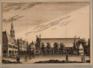 Das kurfürstliche Reithaus am Zwingerwall westlich des Residenzschlosses in Dresden (1677/78 von Wolf Kaspar von Klengel, um 1711 für Zwinger abgerissen), aus den Abbildungen zur Chronik Dresdens von 1835