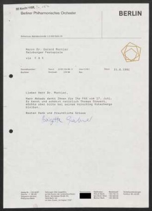 Brief an Gerard Mortier an Salzburger Festspiele, 21.06.1991