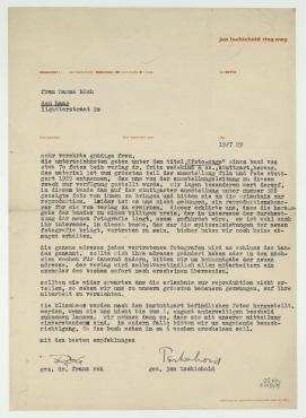 Brief von Jan Tschichold und Franz Roh an Hannah Höch. München. Briefkopf: "jan tschichold ring nwg [...]".