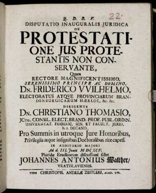Disputatio Inauguralis Iuridica De Protestatione Ius Protestantis Non Conservante