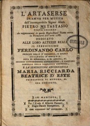 L' Artaserse : Dramma Per Musica