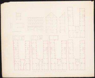 Viergeschossiges Mietshaus mit zwei Seitenflügeln und Quertrakt: Lageplan, Schnitte, Grundriss Keller-, Erd-, Ober- und Dachgeschoss