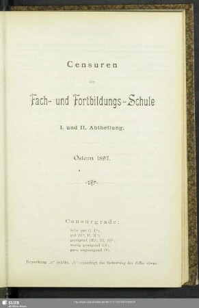 Censuren der Fach- und Fortbildungs-Schule : I. und II. Abtheilung