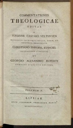 Commentationes Theologicae...Volumen V.