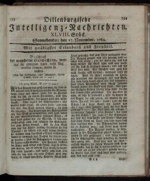 XLVIII. Stück. Sonnabends: den 27. November, 1784.