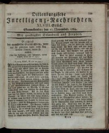XLVIII. Stück. Sonnabends: den 27. November, 1784.