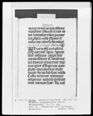 Missale ausgewählter Feste — Initiale F(ratres), Folio 91recto