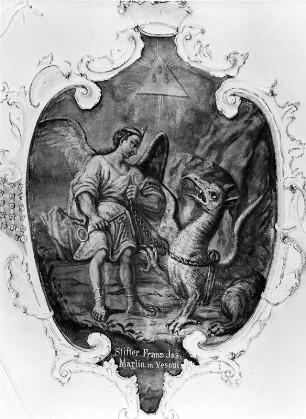 Erzengel Michael mit dem besiegten Drachen : Erzengel Michael mit dem besiegten Drachen. Fresko (1775). Sankt Gallenkirch, Pfarrkirche Sankt Gallus, Langhausgewölbe
