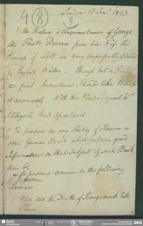 Eigenh. Brief von James Mackintosh an August Wilhelm von Schlegel, London, 17.11.1823