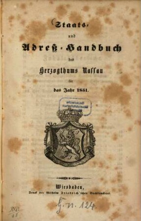 Staats- und Adreß-Handbuch des Herzogthums Nassau. 1851, 1851