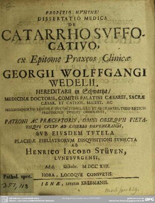 Dissertatio Medica De Catarrho Suffocativo