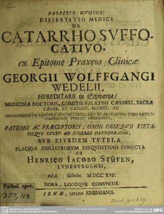 Dissertatio Medica De Catarrho Suffocativo