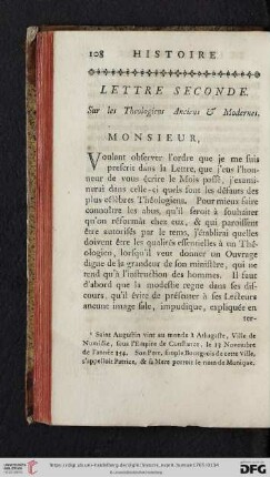 Lettre Seconde: Sur les Theologiens Anciens & Modernes