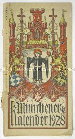 Künstlerisch gestalteter Kalender für das Jahr 1928 mit Familienwappen