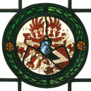 Kabinettscheibe mit Allianzwappen der Nürnberger Patrizierfamilien Reichel und Haller von Hallerstein im Lorbeerkranz