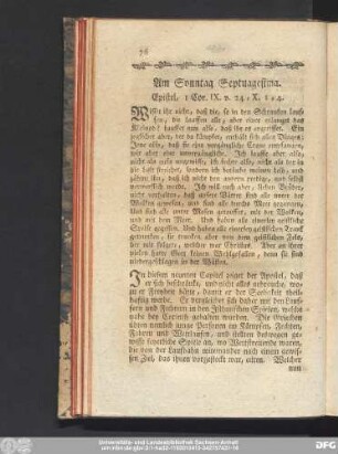 Am Sonntag Septuagesima. Epistel, 1 Cor. IX. v. 24 - X. 1 - 4.