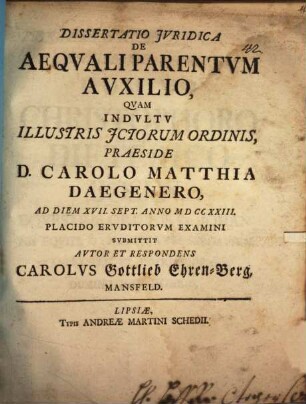 Diss. iur. de aequali parentum auxilio
