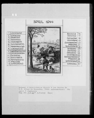 Les heures de N. D. dites de Hennessy, Kalenderblatt für April, Jagdszene