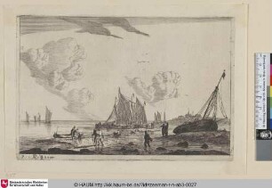 [Strandszene mit mehreren Ketschen und einem auf Grund gelegten Fischerboot; Beach Scene with Ketches and another Fishing Boat Driven ashore]