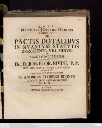 Magnifici Jctorum Ordinis Consensu De Pactis Dotalibvs In Qvantvm Statvtis Derogent, Vel Minvs?
