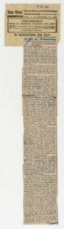 Tentoonstelling Hannah Hörch. "De Bron". De Residentiebode, Den Haag, 18.5.1929 [Nr. 10630].. Rezension der Ausstellung von Hannah Höch in der Galerie De Bron, Den Haag, 11. Mai - 7. Juni 1929. Anbei: Belegzettel des Ausschnittbüros "Vaz Dias [...]".