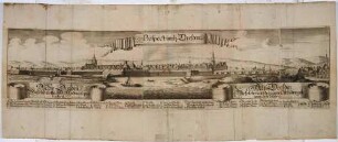 Stadtansicht von Dresden mit Legende, Blick von Nordosten über die Elbe auf die Altstadt, rechts die Neustadt, aus der Weckschen Chronik