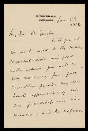 Brief von James Bryce an Otto von Gierke, Washington, DC, 3.1.1911