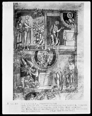 Liber matutinalis des Konrad von Scheyern — Zwei Szenen aus der Legende des Mönchs Theophilus sowie zwei Bildnisse eines Abtes und des Schreibers von Scheyern, Folio 19recto