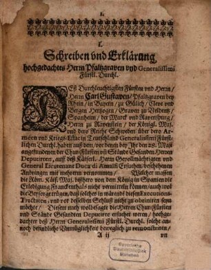 Drey unterschiedliche Schreiben zwischen Dem Durchlauchtigsten Fürsten und Herrn Herrn Carl Gustav Pfaltzgraven bey Rhein ... an einem; Und dann Derer Chur-Fürsten und Stände bey denen zu Nürnberg angestellten Executions-Tractaten anwesenden Gesandten andern Theils gewechselt Wegen deß angesonnenen Temperaments für Franckenthal Homburg Landstul und Hammerstein