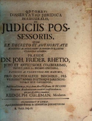 Diss. iur. inaug. de iudiciis possessoriis