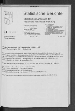 Bruttoinslandsprodukt und Erwerbstätige 1991 bis 1996 (zweite Berechnung füt 1996 - Kurzfassung)