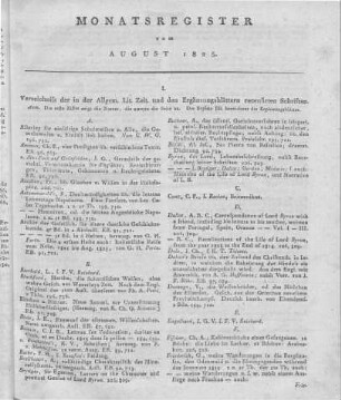 Monatsregister vom August 1825