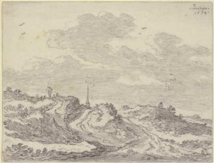 Hügeliges Terrain mit Schafherde und Schäfer, in der Ferne ein Kirchturm