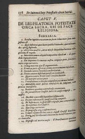 Caput V. De legislatoria potetate circa sacra, ubi de pace religiosa.
