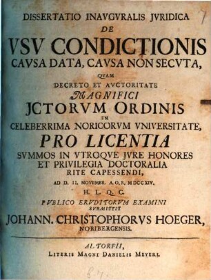 Dissertatio inavgvralis jvridica De vsv condictionis cavsa data, cavsa non secvta