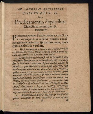 Disputatio II. De Praedicamentis, de partibus Dialecticae, inventione, & argumento.