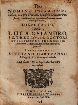 De Nomine Supra Omne nomen, Christo Homini, beneficio Unionis Personalis ... contributo, Disputatio