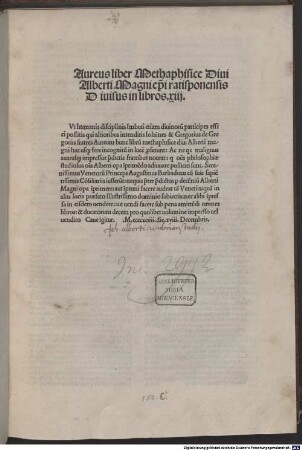 Aureus liber Methaphisice Diui Alberti Magni ep[isco]pi ratisponensis : Diuisus in libros .xiij