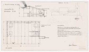 Schutzhütte im Grunewald, Berlin: Grundriss und Schnitt 1:50, Lageplan 1:500