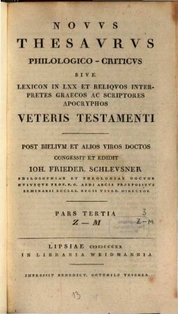 Novus thesaurus philologico-criticus sive lexicon in LXX et reliquos interpretes graecos ac scriptores apocryphos Veteris Testamenti, 3. Z - M