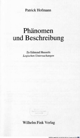 Phänomen und Beschreibung : zu Edmund Husserls Logischen Untersuchungen