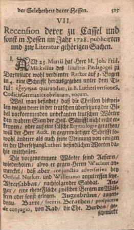 VII. Recension derer zu Cassel und sonst in Hessen im Jahr 1728. publicirten und zur Literatur gehörigen Sachen.