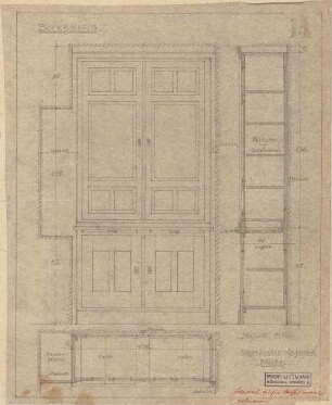 Littmann, Max; Bocksberg; Hofgut, Landhaus - eingebauter Schrank in der Küche (Grundriss,Ansicht, Schnitt)