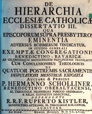 De hierarchia ecclesiae catholicae : dissertatio III. qua episcoporum supra presbyteros eminentia adversus Böhmerum vindicatur