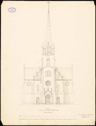 Evangelische Kirche, Festenberg: Aufriss der Hauptfassade, Anmerkungen und Maßstabsleiste