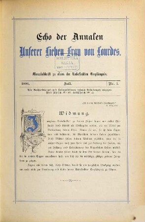 Echo der Annalen U.l.F. von Lourdes : Monatschr. zu Ehren d. unbefleckten Empfängnis. 1. 1881