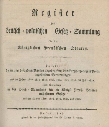 Register 1810/21: Register zur deutsch-polnischen Gesetzsammlung für die Königlichen Preußischen Staaten