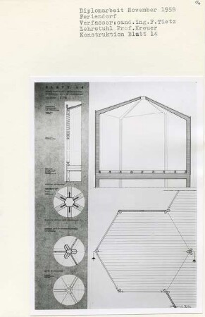 Feriendorf (Diplomarbeit bei Willy Kreuer): Restauration-, Hafen-, Bad- und Spielbezirk, Sechseckelemente, Grundriss, Fassadenschnitt und Details 1:10